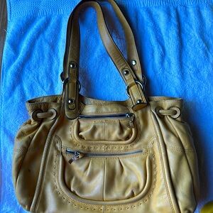 Yellow leather satchel- a couple of stains on the bottom of bag